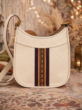 Coach Emery Varsity Stripe Crossbody Chalk Leather Boho Bag NWT $450 MSRP
